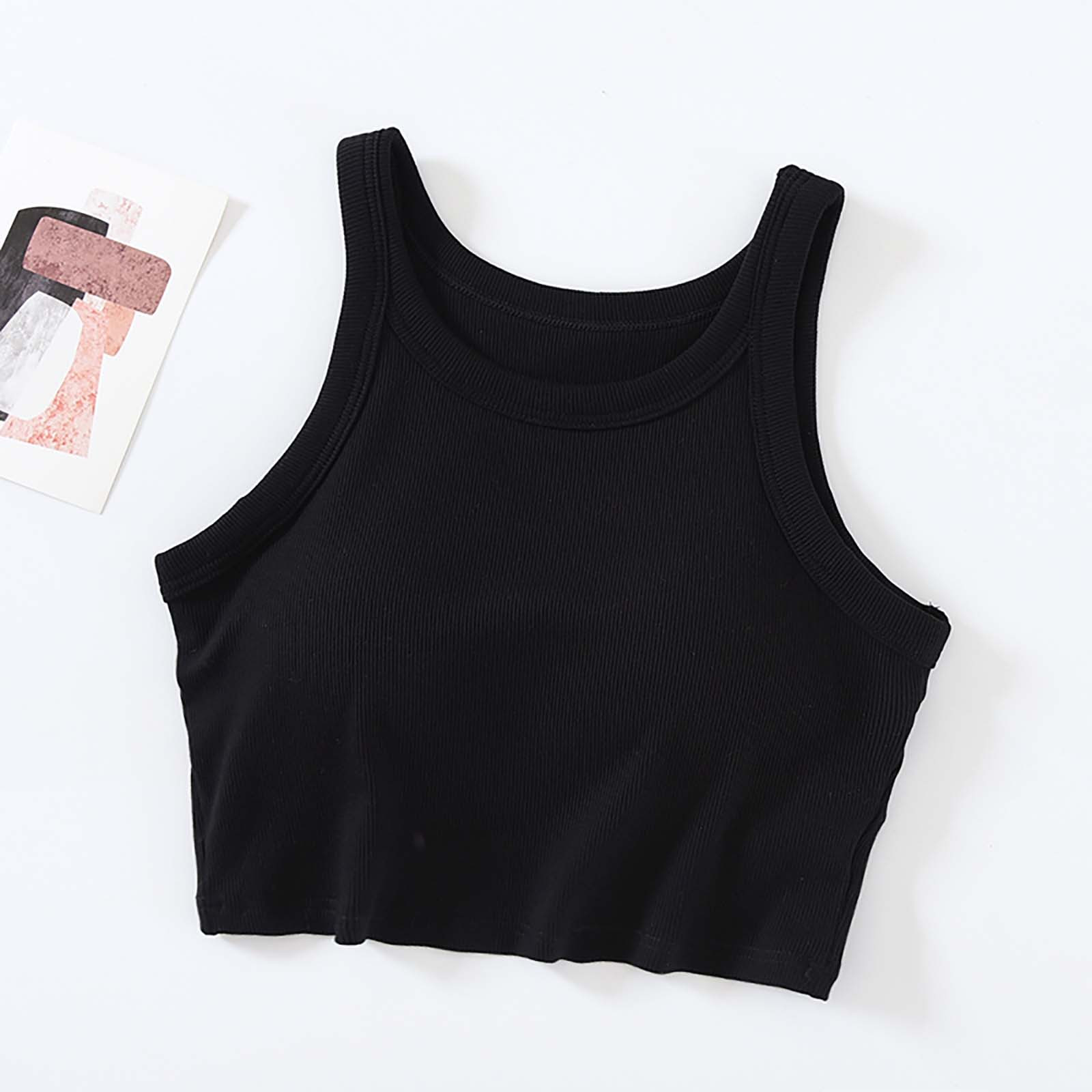 HOMBOM Camisoles Black Sleeveless Crew Neck Crop Tops with Built in Bras Solid Color Womens Casual Tops and Blouses L